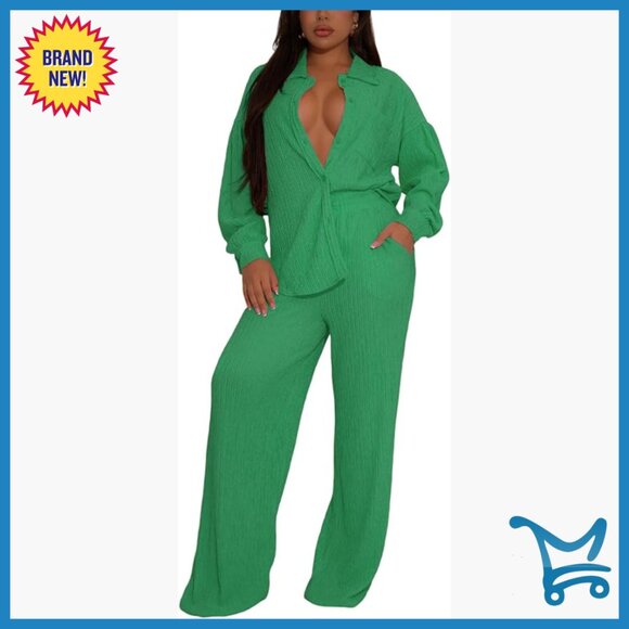 Women's 2-Piece Set Long Sleeve Button-Down Shirt Wide Leg Pants